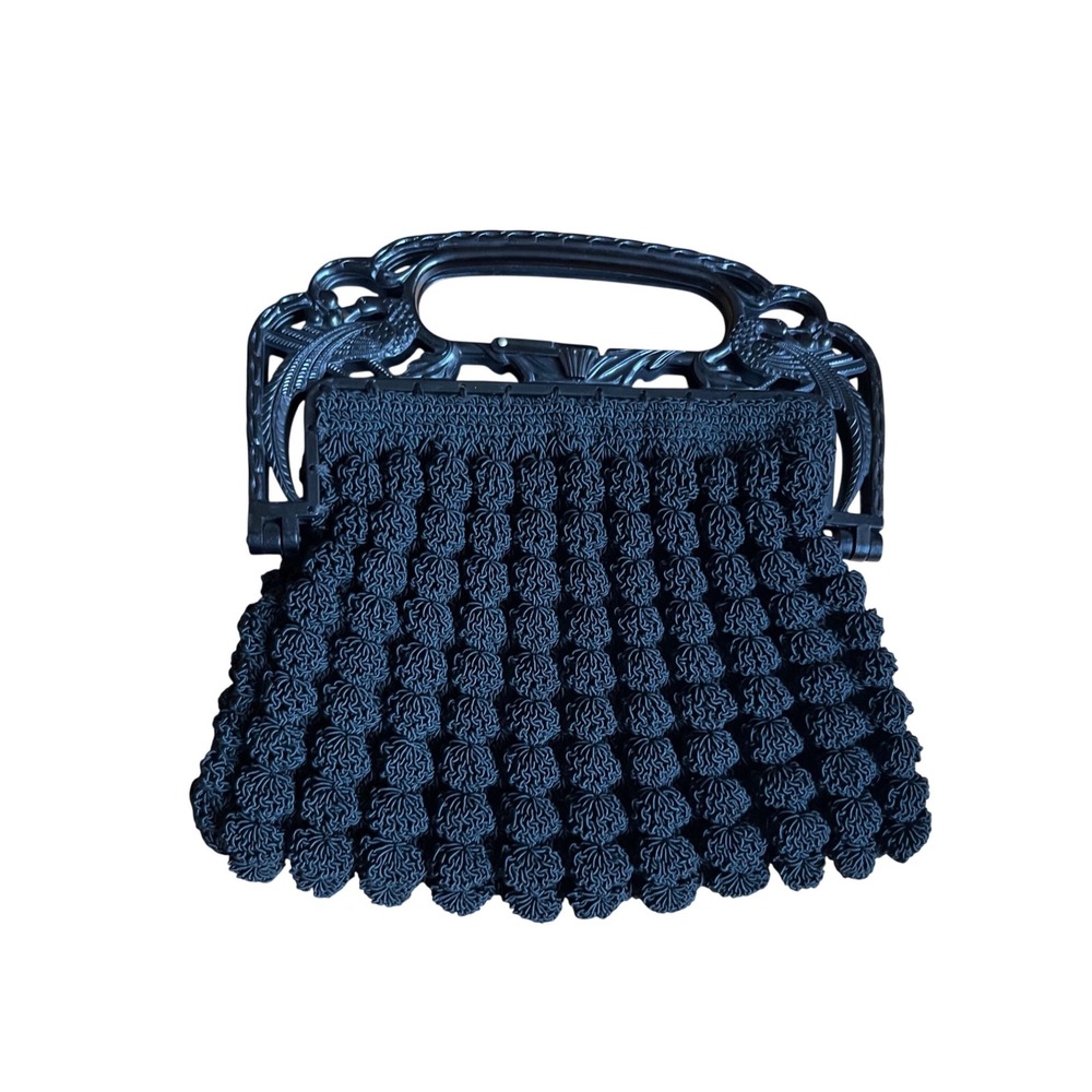 Vintage 1940s Black Corde Handbag Carved‎ Bird Celluloid Frame Blue Satin Lining
